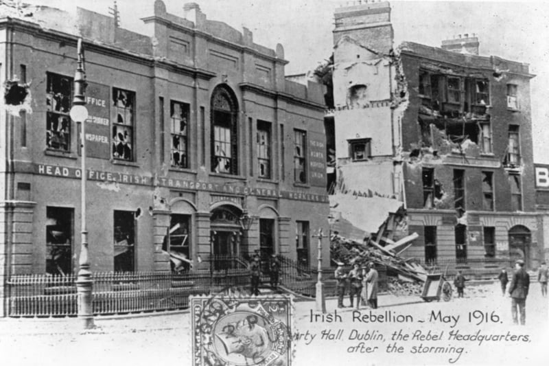 Ruins of the Rebel Headquarters, Anti-English Irish uprising, Dublin, May 1916. The Irish Transport & General Workers' Union building after storming by English troops. The rebellion on Easter Sunday, known as the Easter Rising, was organised by the Irish Republican Brotherhood, a descendent of the Fenians, Although it failed, the rising resulted in great propaganda for the Republican cause when the British executed its leaders. (Photo by Ann Ronan Pictures/Print Collector/Getty Images)