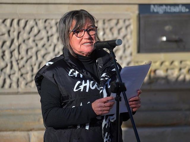 Minty Thompson, whose mother Kathleen was killed on November 6, 1971 by a British soldier, speaking at the ‘Bin the Legacy Bill’ protest, organised by The Bloody Sunday Trust and the Pat Finucane Centre, at Guildhall Square on Wednesday afternoon. Photo: George Sweeney. DER2247GS – 52