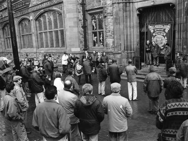 Some of the attendance at a low wage protest at the Guildhall.