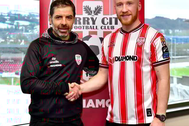 Derry City boss Tiernan Lynch pictured with new signing Liam Boyce.