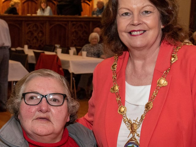The Mayor Councillor Patricia Logue who has hosted the monthly Mayor’s Tea Dance in the Guildhall pictured with Mary Gallagher . Picture Martin McKeown. 07.02.24