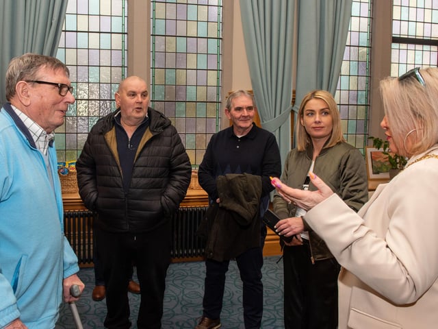 The Mayor Councillor Sandra Duffy welcomed members of Leafair Mens Health Group to the Guildhall this week for a catch up and to hear about the contribution the group makes to their lives. Included are, Derek Evans, Paul Redden, Eddie Coyle, John Bradley and Chantelle McCallion, co-ordinator. Picture Martin McKeown. 04.04.23