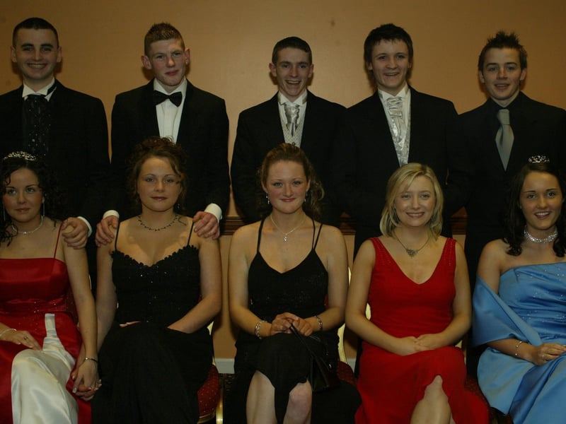 Danielle McCArtney, Sheena McCAuley, Jennifer Buchanan, Oonagh Sheehan and Ciara O'Kane with Paul Coyle, Kevin Cregan, Mickey Hyman, Gregory McKinney and Emmet Thomspon.  (0203JB44):Attendees enjoying the Thornhill College formal in April 2004.