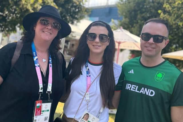 From left, Ariel Grange, owner of Daniel's horse, 'Legacy', Catriona O'Hagan (Daniel's partner), and Eamonn McGowan, Daniel's manager, at the Château de Versailles to support Derry showjumper Daniel Coyle who will compete for Team Ireland in Friday's final.