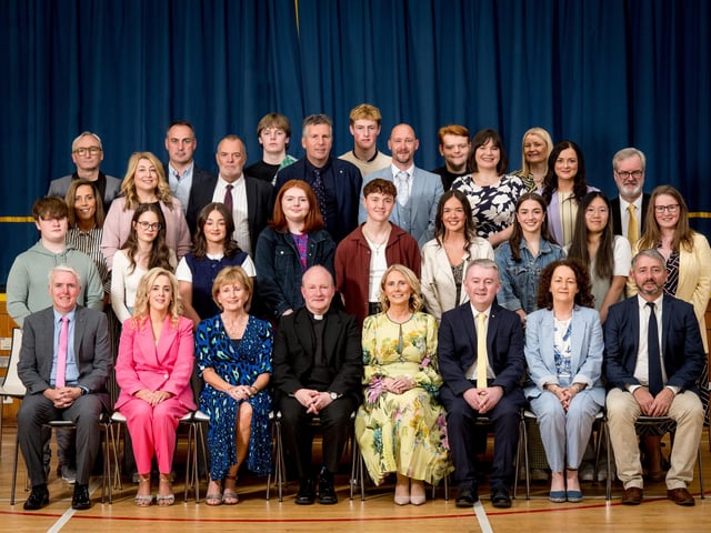 Pupils who received 1st Place in Subject at A2 Level pictured with Heads of Department, Mrs Jacinta Bradley (Board of Governors), Fr Gerard Mongan, Mrs Brónach O’Hare (Vice Principal), Dr Michael Gormley (Senior Teacher).