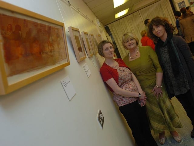 Eileen Evans, Maria Noonan McDermott, Judi Logue, pictured at the Women Building Bridges exhibition at the Eden Place Arts Centre held as part of international Women's day. (1103SL04)