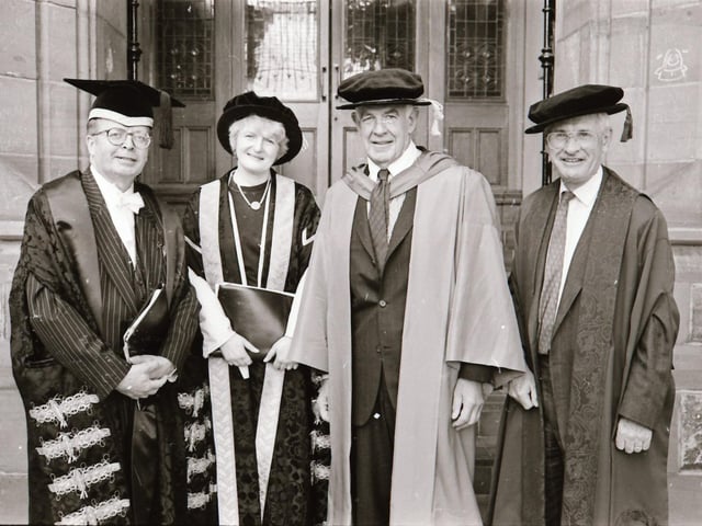 Photographs of students, professors, and proud parents during the Magee graduations in June 1995.