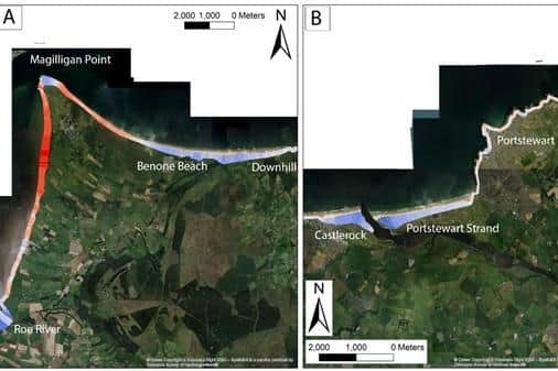 Historical changes on two example sites on Northern Ireland’s north coast (left) Magilligan and (right) Castlerock/Portstewart.  Red is erosion and blue is seaward advance of the coastline position.