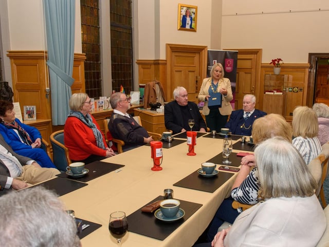 The Mayor Councillor Sandra Duffy welcomed members of the Order of Malta to the Guildhall where she presented the organisation with commemorative crystal in recognition of their contribution across the Derry City and Strabane District Council area. Picture Martin McKeown. 06.02.23:Mayor of Derry City and Strabane District Council’s reception for Knights of Malta in the Mayor’s Parlour, Guildhall on Monday 6th February.