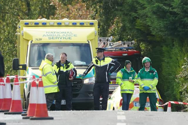 Emergency services at the scene of the explosion at Applegreen service station in the village of Creeslough in Co Donegal on Saturday.