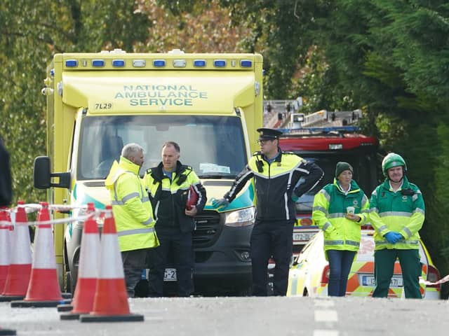 Emergency services at the scene of the explosion at Applegreen service station in the village of Creeslough in Co Donegal on Saturday.