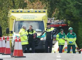 Emergency services at the scene of the explosion at Applegreen service station in the village of Creeslough in Co Donegal on Saturday.