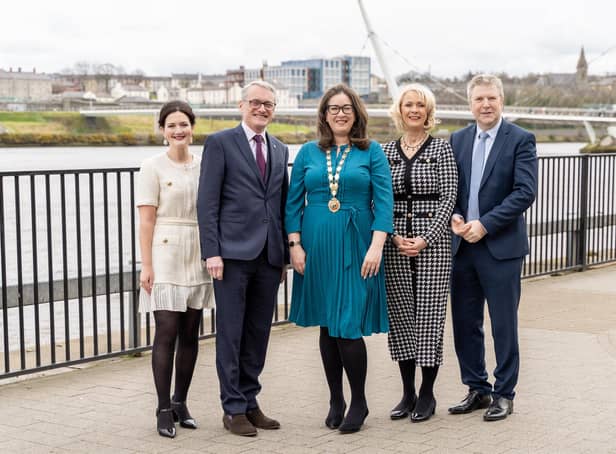 Jeananne Craig, host; Hubert O’Donoghue, AIB Merchant Services; Selina Horshi, Londonderry Chamber; Anna Doherty, Londonderry Chamber; and Professor Liam Maguire, Ulster University.