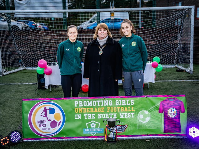 Specials guests Keri Loughrey (Linfield & Ireland) and Jodie Loughrey (Linfield & Ireland) with Deputy Mayor, Colr Niree McMorris, at the inaugural NW Charity Cup at Ulster University's Duncreggan Road. (Photo: Rodi Jeerasoo)