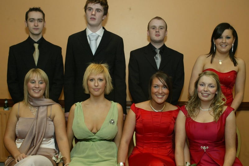 Catriona McCartney, Rachel Ward, Fiona McIvor and Aisling Faulkner with friends Danny McLaughlin, Dave McLaughlin, Sean Cratton and Shauna Magee.  (0203JB40):Attendees enjoying the Thornhill College formal in April 2004.