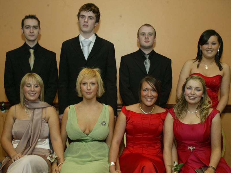 Catriona McCartney, Rachel Ward, Fiona McIvor and Aisling Faulkner with friends Danny McLaughlin, Dave McLaughlin, Sean Cratton and Shauna Magee. (0203JB40):Attendees enjoying the Thornhill College formal in April 2004.