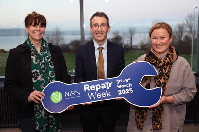 From left to right Eimear Montague, Executive Director, Northern Ireland Resources Network; Andrew Muir MLA, Minister for Agriculture, Environment and Rural Affairs; and Deirdre Williams, Sustainability Consultant.