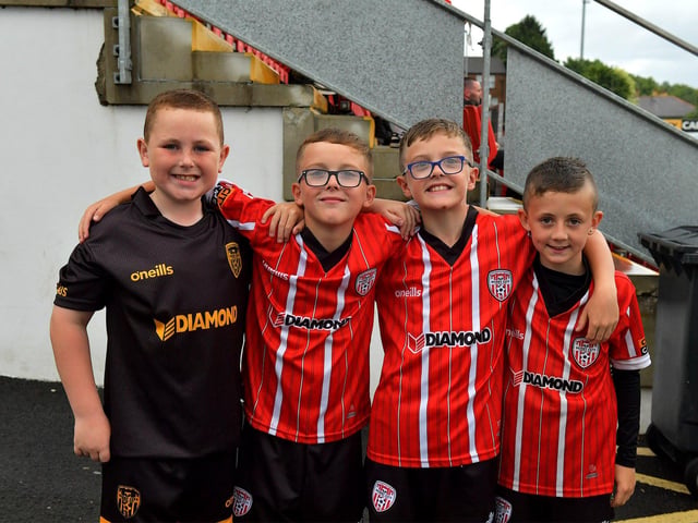 Young fans at the Derry City versus Cork City game at the Ryan McBride Brandywell Stadium. Photograph: George Sweeney. DER2325GS – 70