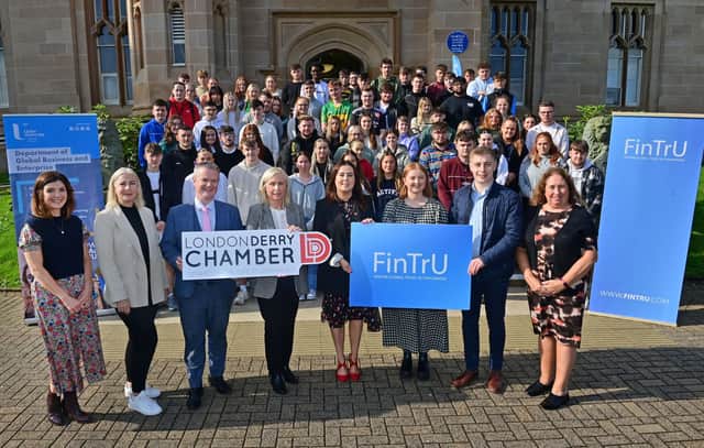Pictured at the launch of Ulster University’s ‘Talent Hub’ an innovative initiative focused on connecting talented students with Derry employers, are second-year Global Business  and Enterprise students alongside core partners FinTrU and The Londonderry Chamber of Commerce.