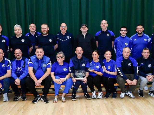 Tommy Moreland (seated centre) who received the Hall of Fame Award with members of the committee at Trojans annual presentation of awards held in Cecilia's College. (Photo - Tom Heaney, nwpresspics)