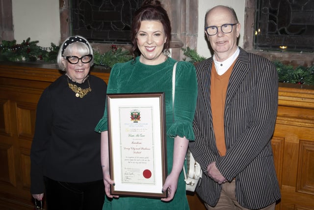 Lisa McGee pictured with her parents Ann and Chris after receiving the Freedom of the City at the Guildhall on Monday evening.