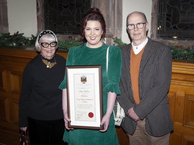 Lisa McGee pictured with her parents Ann and Chris after receiving the Freedom of the City at the Guildhall on Monday evening.