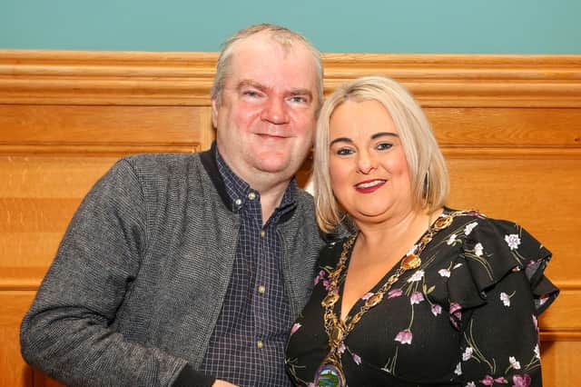 The Mayor of Derry City and Strabane, Councillor Sandra Duffy, making a presentation to Martin McConnellogue, at a reception in the Guildhall in recognition of his commitment to LGBT+ Rights and Trade Union Activism.