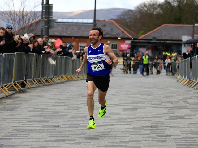 John Joe Doherty (Finn Valley AC) heading for the finish line to win of the Bentley Group Walled City 10 Mile race, Ebrington Square, on Saturday. (Photo - Tom Heaney, nwpresspics)
