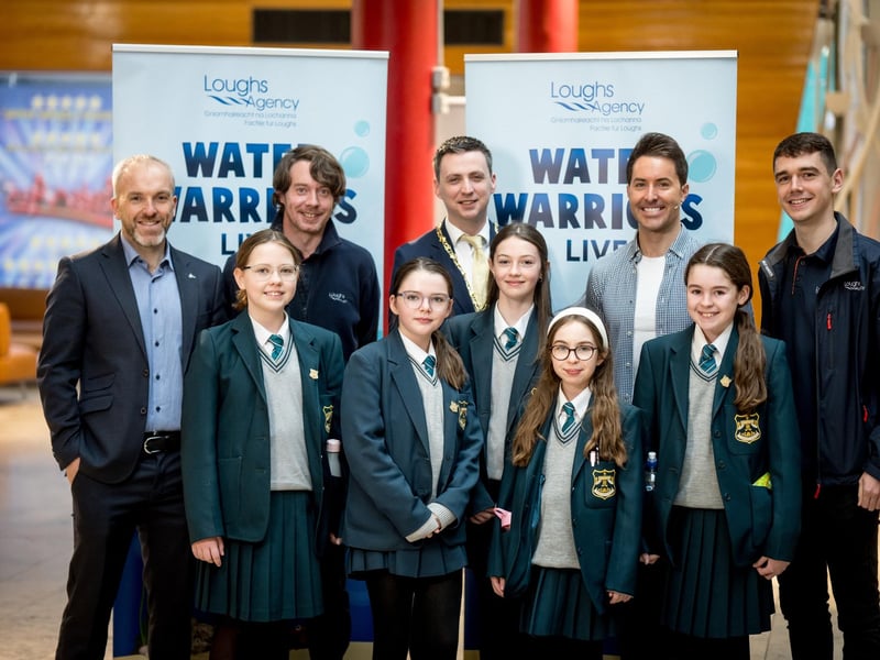 Students from Thornhill College alongside Loughs Agency Director of Corporate Services JP O’Doherty, Education Officer Michael Cosgrove, Deputy Mayor of Derry and Strabane District Council, Councillor Jason Barr, Water Warriors host Mark The Science Guy, and Education Engagement Officer Jack Porter