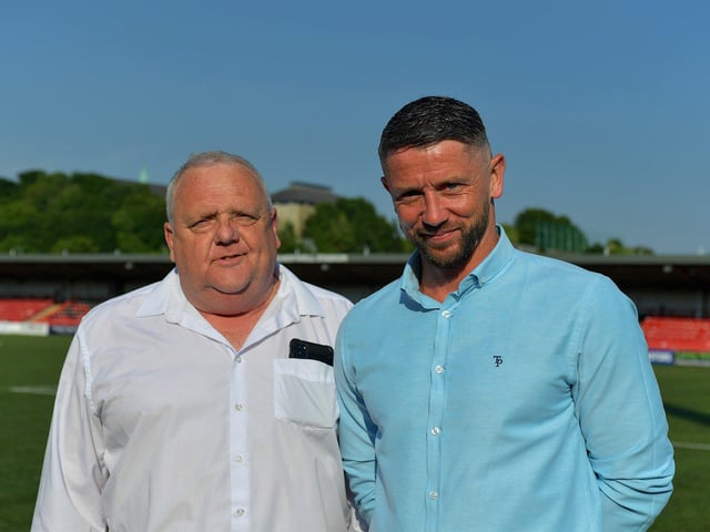 Derry City’s media officer Lawrence Moore with RTE soccer pundit and former Derry City player Rory Patterson at the Brandywell on Friday evening. Photo: George Sweeney. DER2322GS – 144