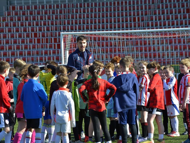 Ballymena United's Daithi McCallion was one of the coaches at the Ryan McBride Foundation's Soccer Camp held in the Brandywell Stadium. Photo: George Sweeney