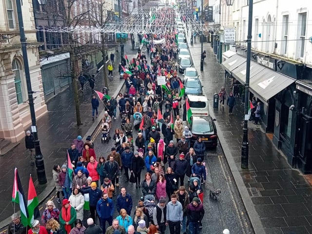Thousands participate in Derry rally for Palestine calling for a ceasefire in Gaza on January 13, 2024