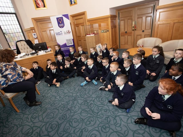 The Mayor of Derry City and Strabane District Council, Patricia Logue taking questions from pupils from the Long Tower Primary School during their Democracy Week visit to the Mayor's Parlour, Guildhall on Thursday morning. (Photos: Jim McCafferty Photography)