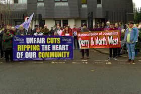 Trade unionists, politicians and supporters gather outside BBC Radio Foyle, on Northland Avenue, on Wednesday afternoon protesting against proposed cuts to jobs and services by BBC Northern Ireland as part of a cost-cutting and restructuring project. Photo: George Sweeney. DER2248GS – 41