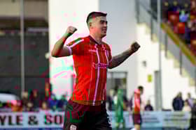 Cian Kavanagh celebrates his third goal during Derry City’s 6-0 victory over Finn Harps at Brandywell Stadium. Photo – George Sweeney