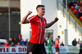 Cian Kavanagh celebrates his third goal during Derry City’s 6-0 victory over Finn Harps at Brandywell Stadium. Photo – George Sweeney
