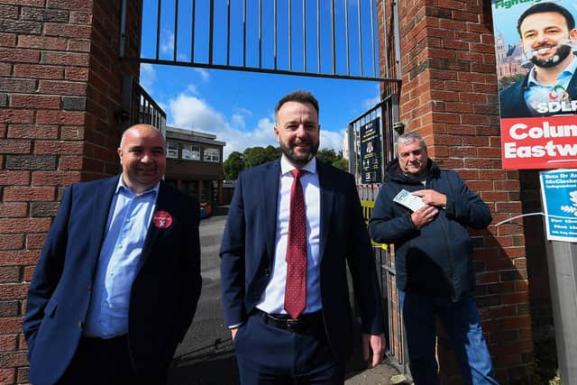 Brian Tierney with Colum Eastwood after they case their votes in the 2024 General Election. Photo: George Sweeney.