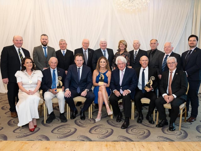 Tip O'Neill Committee member and Donegal County Council represenative with Billy Higgins, Caroleann Gallagher and David McCourt this years award recipients at the Tip O'Neill irish Diaspora Awards 2024 in Inishowen Gateway Hotel on Friday last. Photo Clive Wasson