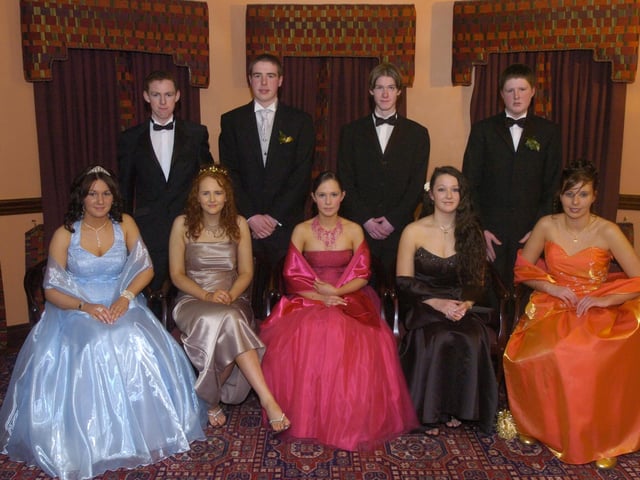 Seated, from left, Melissa Spence, Jennifer McNally, Aoife Grant, Kylie McLaughlin, and Sarah Breslin. Standing, from left, Patrick Grant, Gary McLaughlin, Niall McLaughlin, and Daniel Curran. (1801PG02) : Scoil Mhuire Formal  in January 2005.