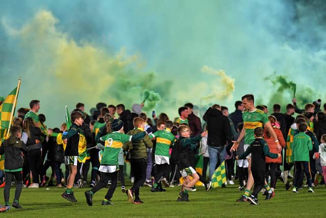 Glen players and supporters celebrate their Senior Football Championship final win over Maghrafelt in Celtic Park on Sunday afternoon. Photo: George Sweeney