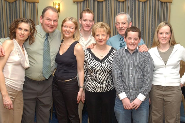 Paddy Ogilvie and Philip Devine with their families at their retirement party at the Broomhill Hotel. Included are, Verona Ogilvie and Roslyn Barrett and Eleanor,  Paul, Danielle and Kevin Devine.                             :Party snaps from 2003 by Hugh Gallagher