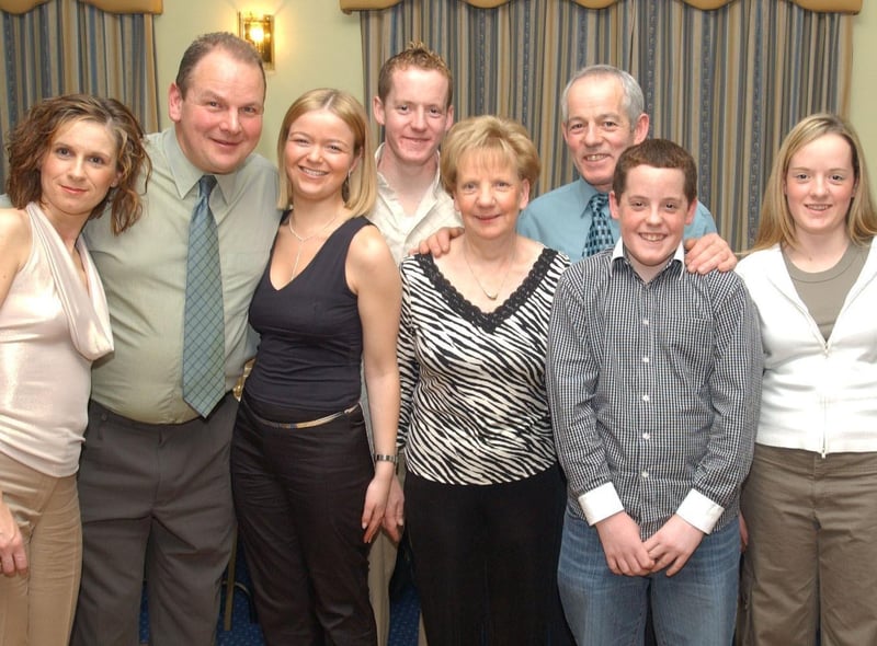 Paddy Ogilvie and Philip Devine with their families at their retirement party at the Broomhill Hotel. Included are, Verona Ogilvie and Roslyn Barrett and Eleanor,  Paul, Danielle and Kevin Devine.                             :Party snaps from 2003 by Hugh Gallagher