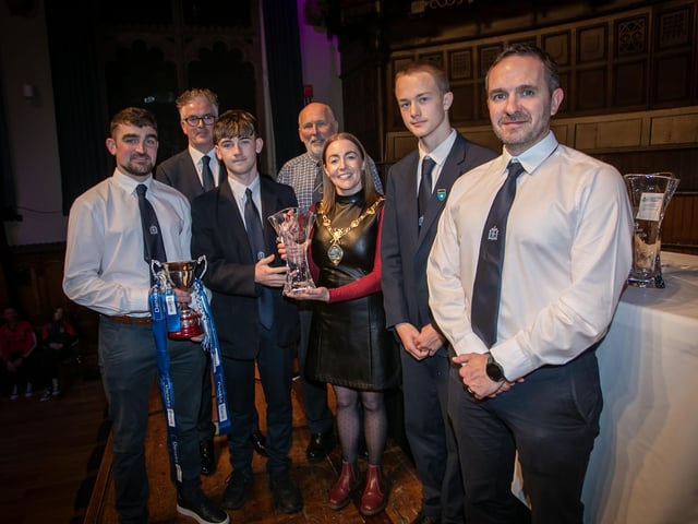 Representatives from St. Patrick's and St. Brigid's College, winners of the Youth Team Gaelic Football Award receiving their trophy from the Mayor, Grace Ui Niallais at the Annual Derry City and Strabane District Sports Awards 2026 in the Guildhall on Thursday night. Back centre is Bill Anderson, Chair, Sports Council. (Photos: Jim McCafferty Photography)