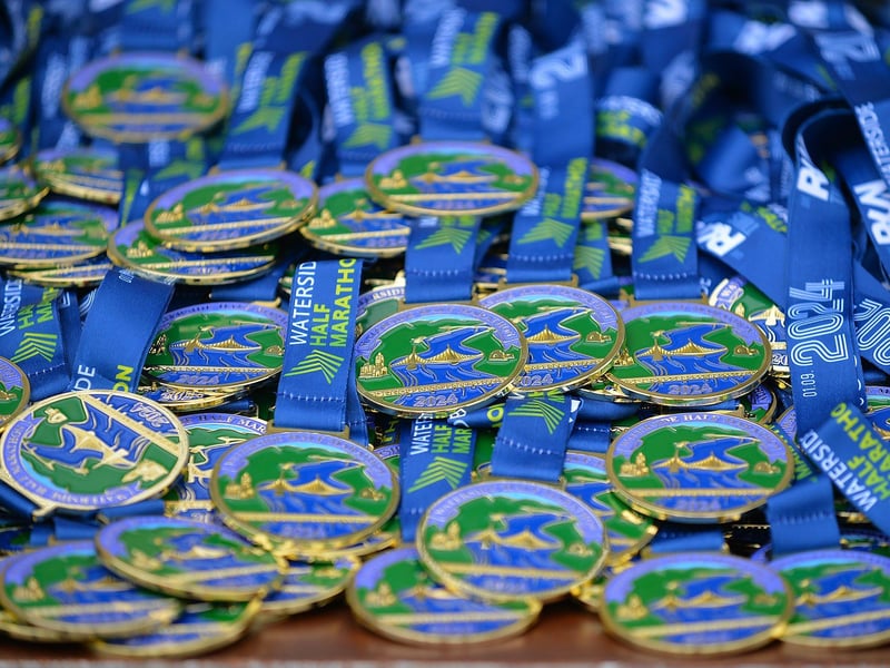 Medals await the finishers of the 2024 Waterside Half Marathon. Photo: George Sweeney