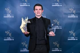 Derry captain Cormac O’Doherty with his Christy Ring Cup Player of the Year and Team of the Year awards during the GAA Champion 15 Awards 2026 ceremony at Croke Park in Dublin. Photo by Sam Barnes/Sportsfile