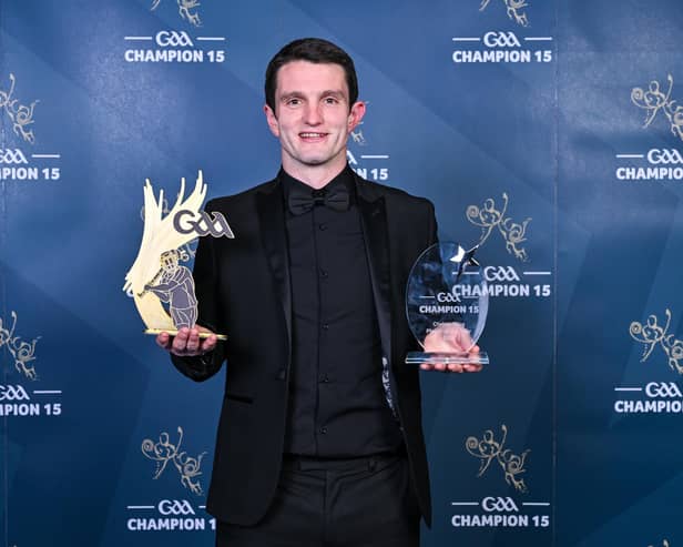 Derry captain Cormac O’Doherty with his Christy Ring Cup Player of the Year and Team of the Year awards during the GAA Champion 15 Awards 2026 ceremony at Croke Park in Dublin. Photo by Sam Barnes/Sportsfile