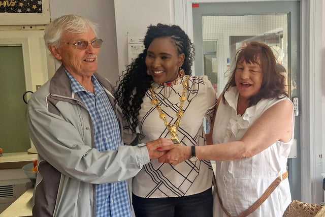 Colr Lilian Seenoi Barr, Mayor of Derry City & Strabane, pictured with Dunvale House tenant Ann and her brother-in-law Tommy at the celebration event.