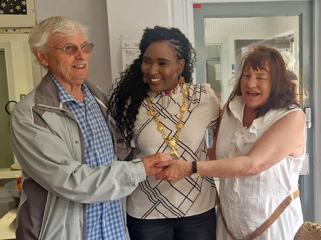 Colr Lilian Seenoi Barr, Mayor of Derry City & Strabane, pictured with Dunvale House tenant Ann and her brother-in-law Tommy at the celebration event.