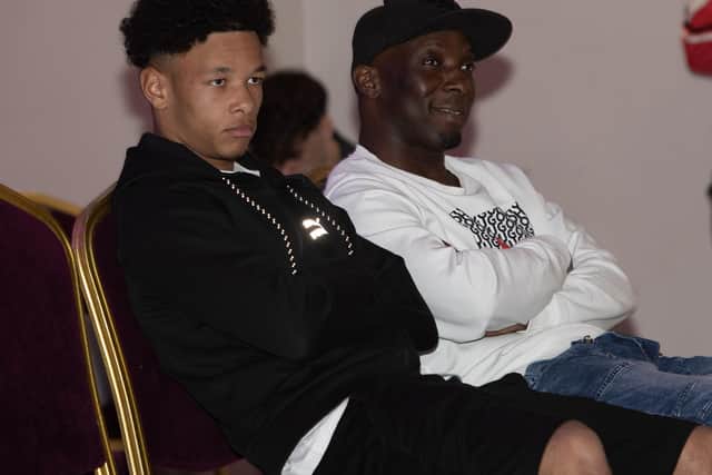 Liverpool FC's Trent Kone-Doherty, special guest at the launch of this year's tournament in the Waterfoot Hotel, Derry on Friday night pictured with his dad during the draw for this year's tournament.