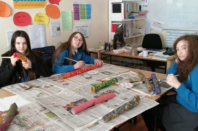 Students from Inishowen’s only Post Primary Irish Speaking school, Coláiste Chineál Eoghain in Buncrana, were busy this week preparing their float for their entry into the St Patrick’s Day parade.